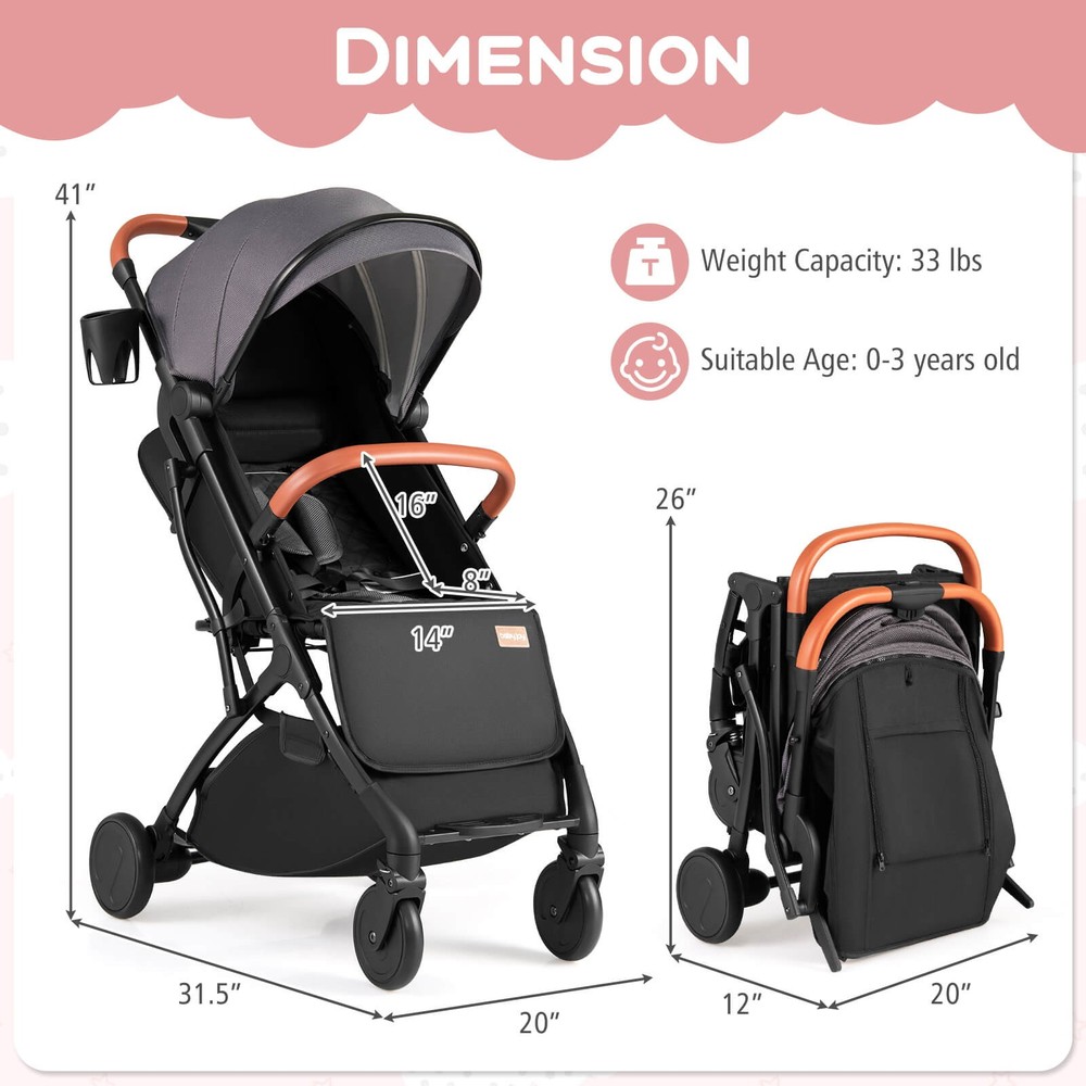 Lightweight Baby Stroller w/One-Hand Folding, Extendable Canopy, Storage Baske