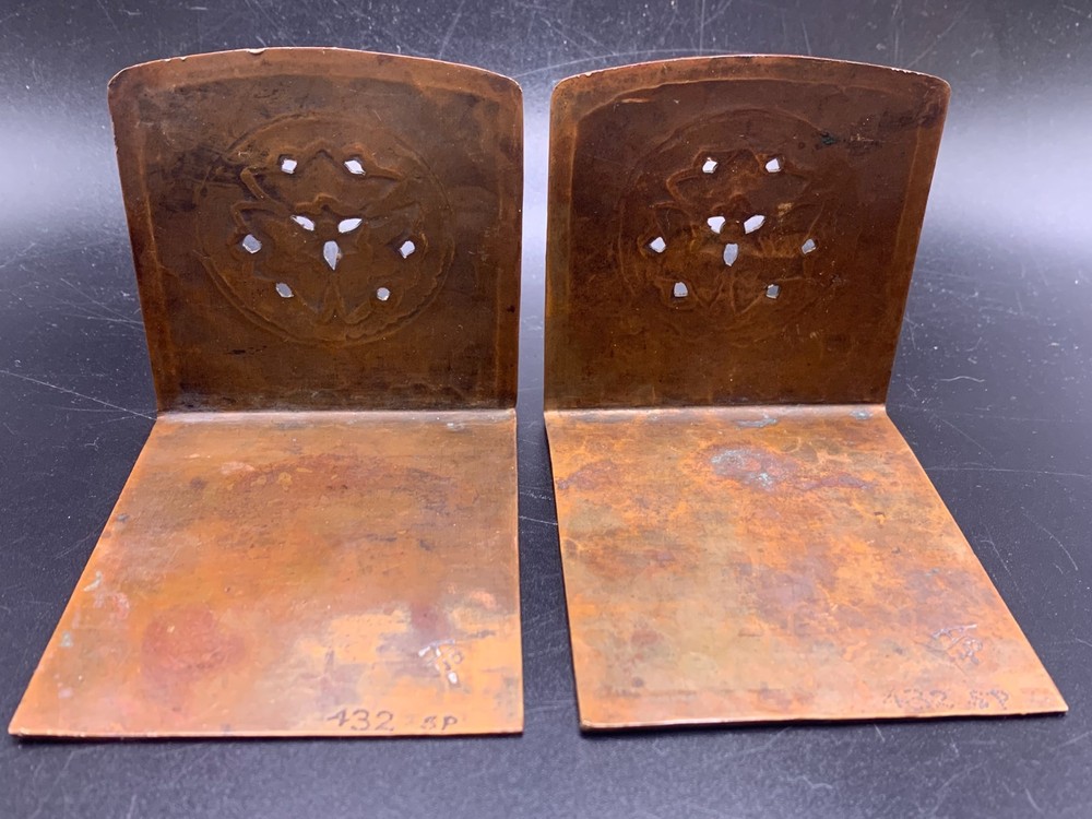 Antique Arts & Crafts copper small Sample Size Bookends on copper with script