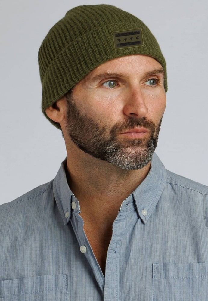 Chicago Flag Cuffed Ribbed Beanie Hat Olive