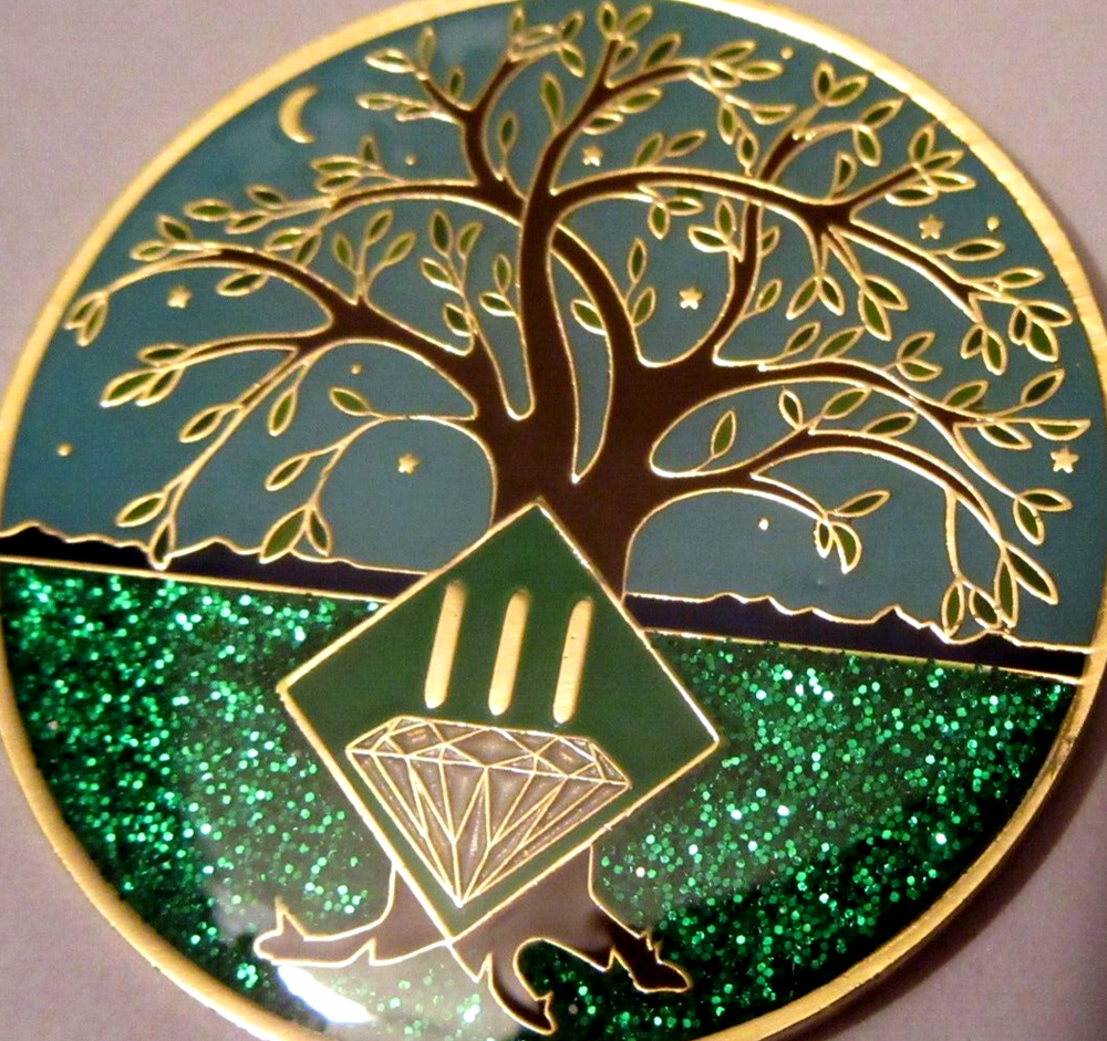 Narcotics Anonymous NA Tree Green 3 Year Medallion Gold Black