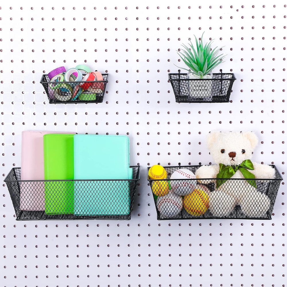 Sieral 4 Pcs Black Pegboard Baskets Metal Wire Shelf Small, Large,