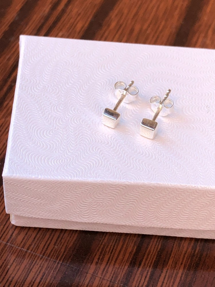 Solid Cube Stud Earrings 925 Sterling Silver Dainty Post Stud Mens Womens 3.5mm
