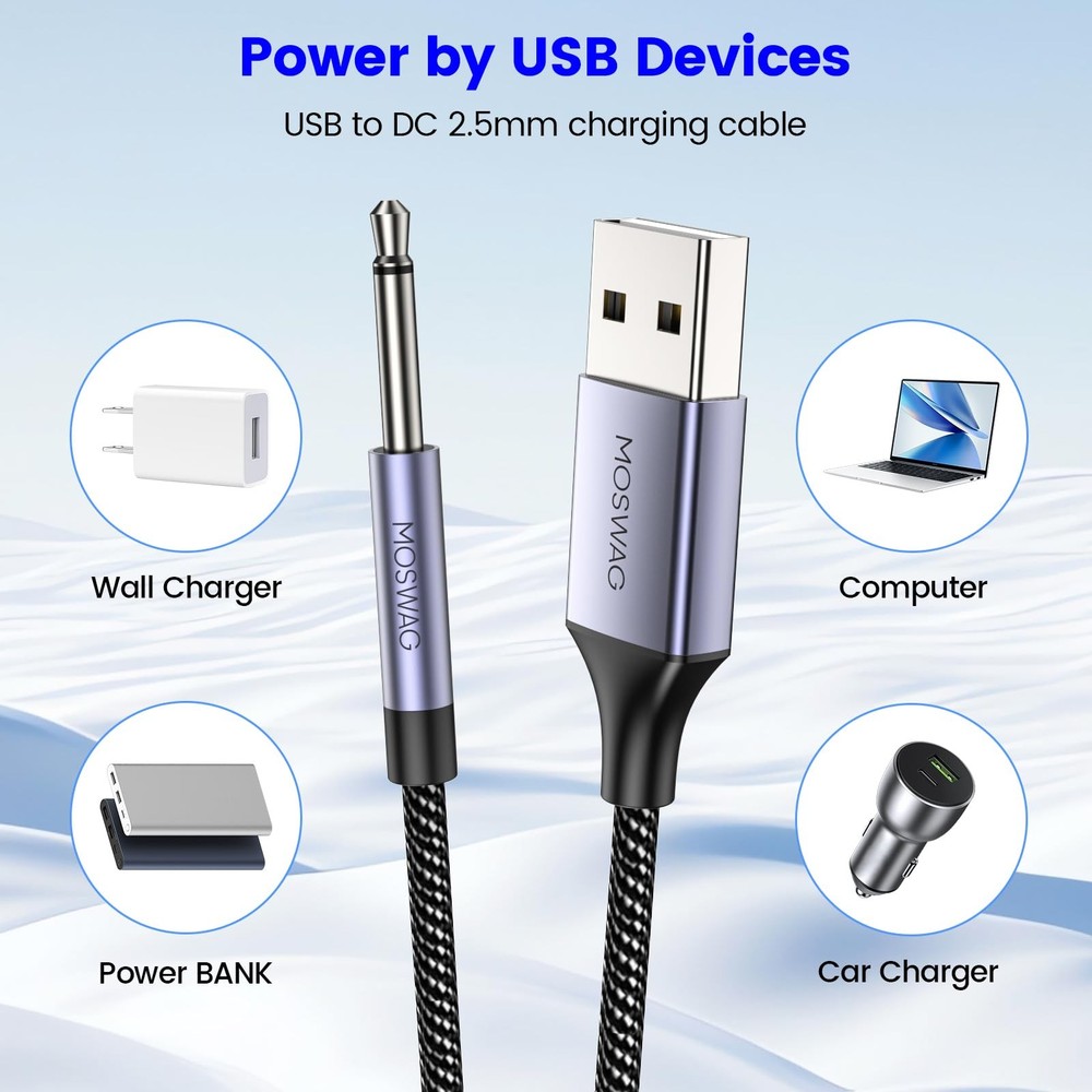 MOSWAG USB DC Charging Cable 2.5mm, 3ft Replacement 1 Pack, Black