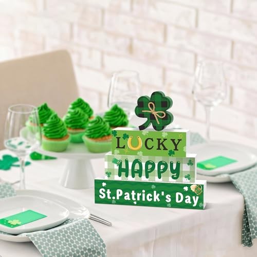 4 Pcs Reversible Valentine’s & St. Patrick’s Day Wooden Table Decor, Double