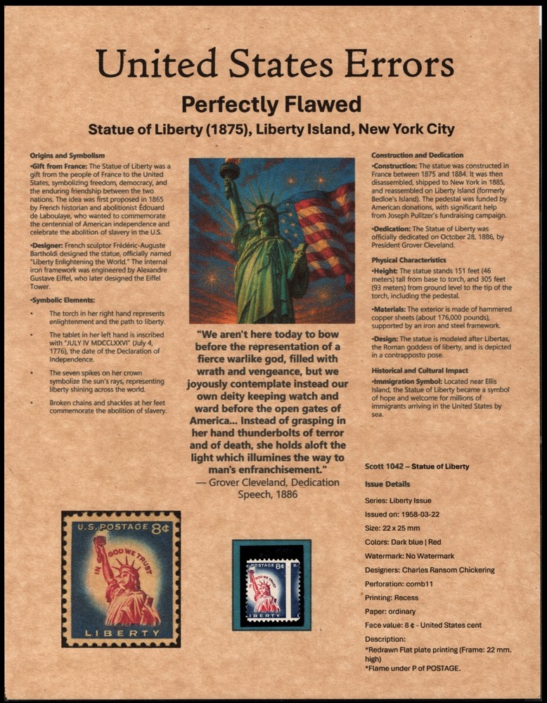 Perfectly Flawed SN 1042 MNH - Misperf on Presentation Panel 8.5” X 11”