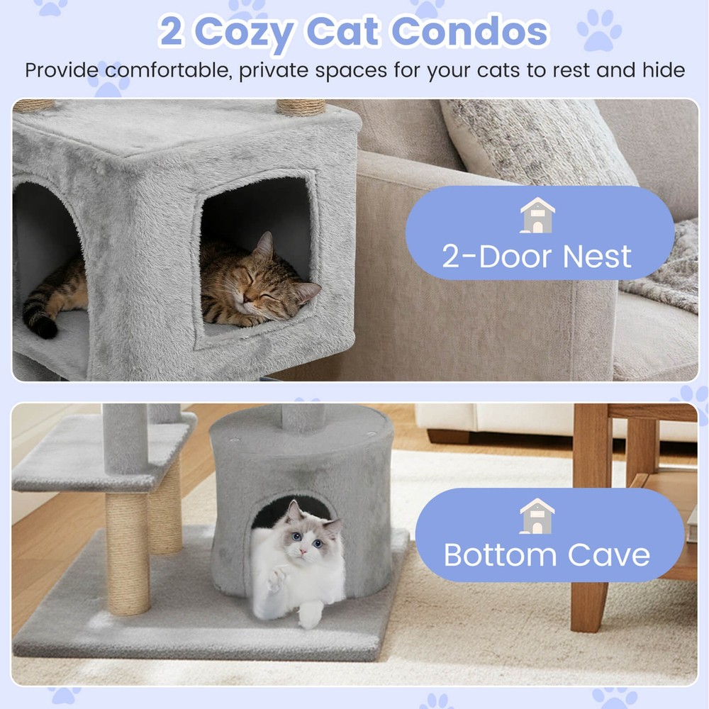 64” Tall Cat Tree with 2 Large Condos, Jute Scratching Posts, Plush Top Perch