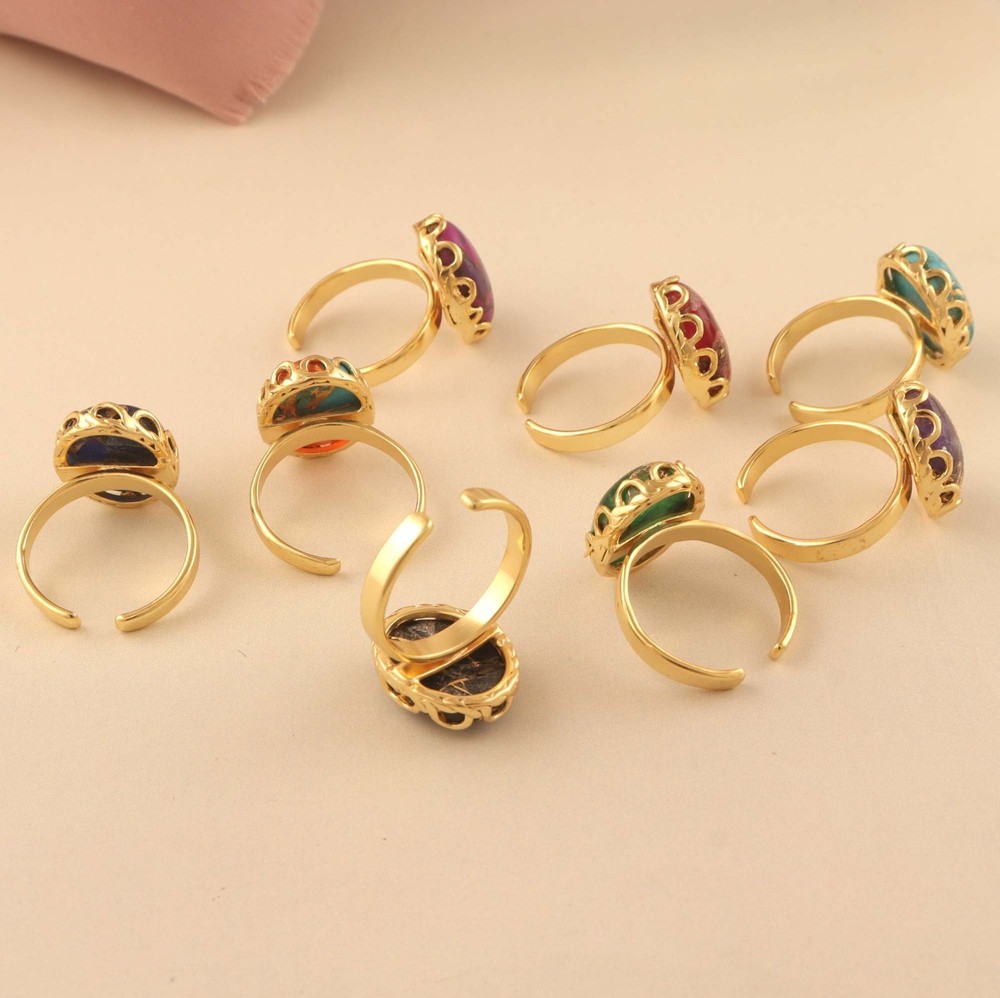 Red Jade Turquoise Gold Plated Jewellery Statement Adjustable Ring For Her
