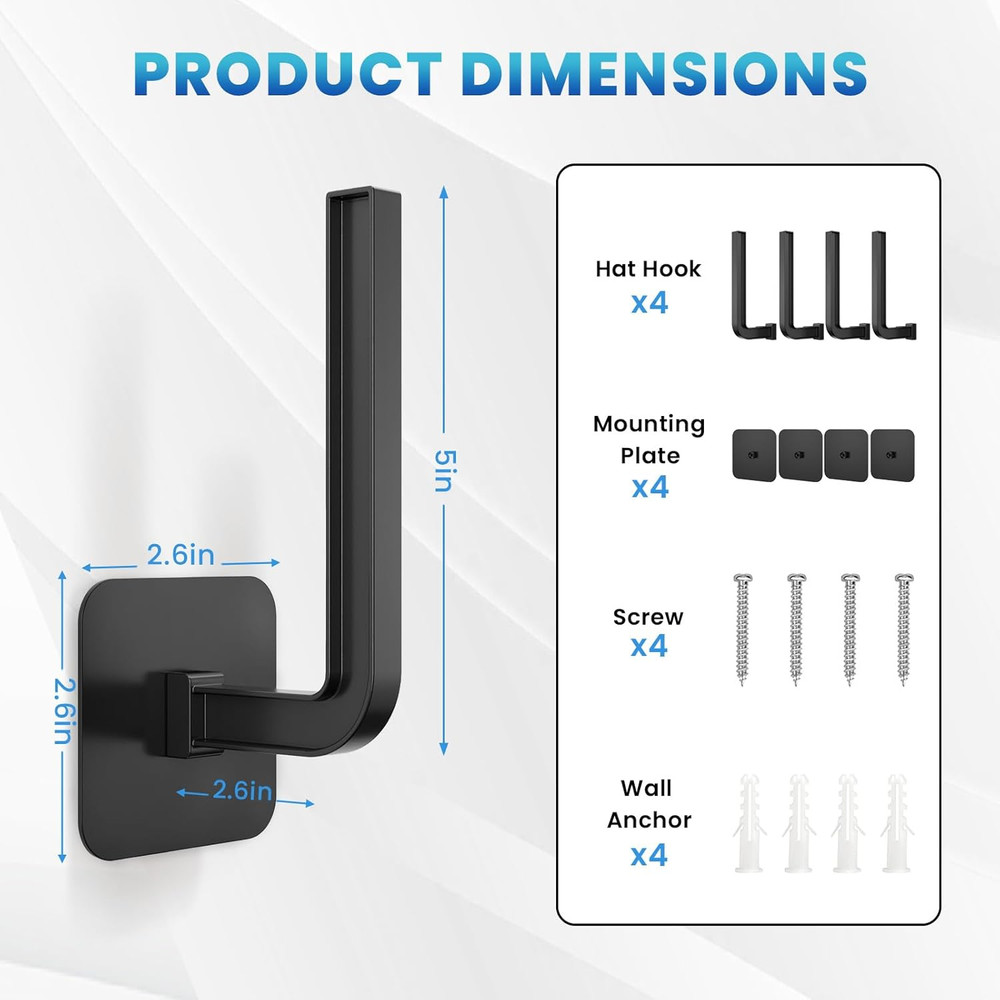 4 Pack Hat Rack for Wall - Hat Organizer for Baseball Caps with Adhesive/Drillin