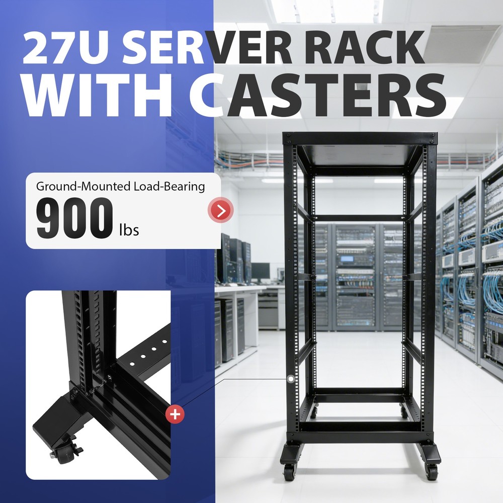 27U 4 Post Open Frame Network Data Server Rack W/ L Rails 22" Adjustable Depth