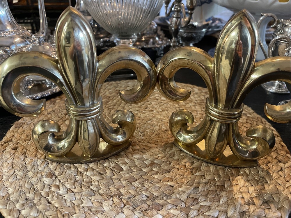 Vintage Brass Bookends Fleur De Lis Book Ends Solid Brass Hollywood Regency