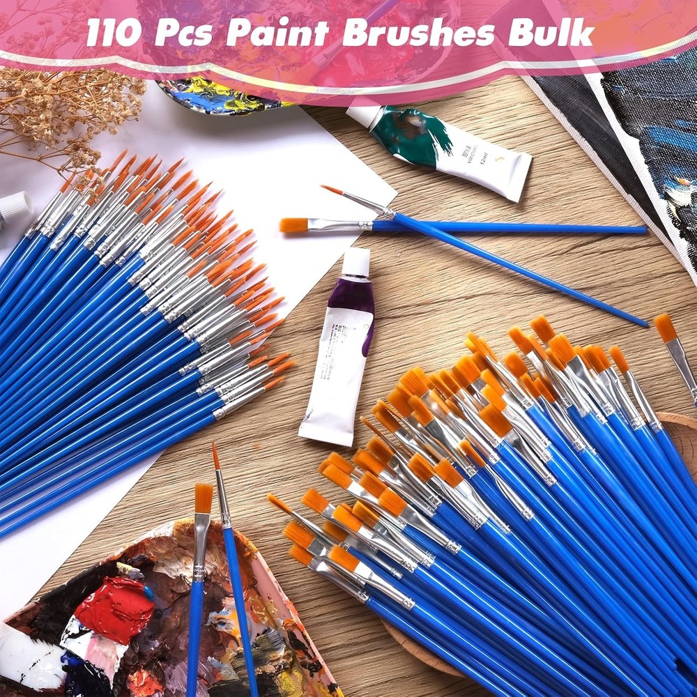 Small Paint Brushes Bulk, 110 Pcs Flat Tip Round Acrylic Small, Blue