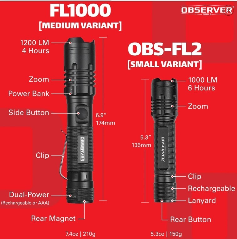 Observer Tools FL2 1000 Lumen Pocket LED Rechargeable Flashlight Blk