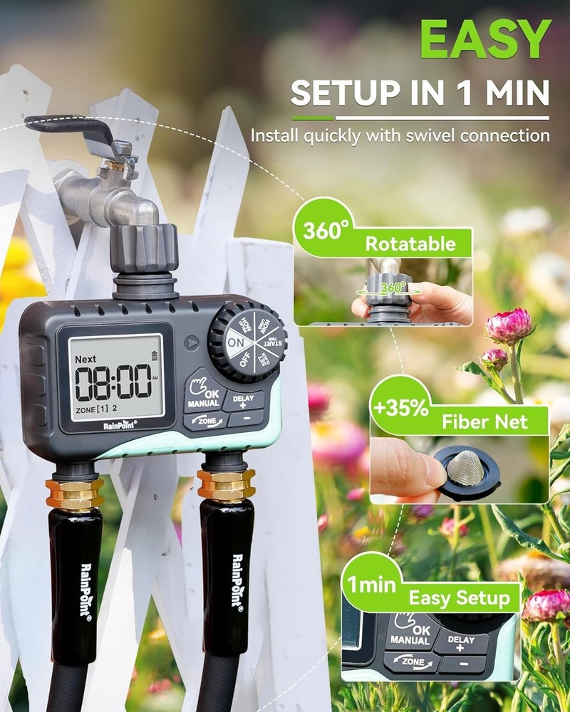 Efficient 2-Zone Water Timer with LED Display - Your Automatic Garden Assistant