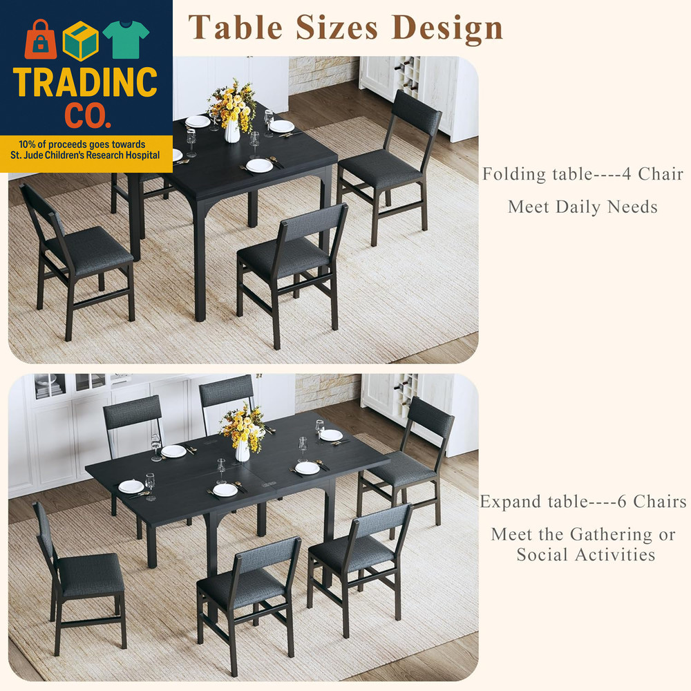 7-Piece Dining Table Set for 4-6, Extendable Kitchen Table Cushion Chairs Set of