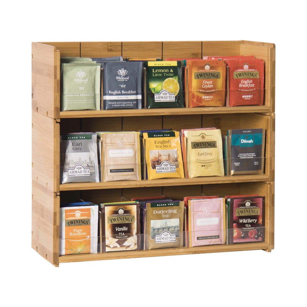 Bamboo Tea Bag Organizer Storage Box, 3 Tier Stackable Tea Bag Box Natural Wo...