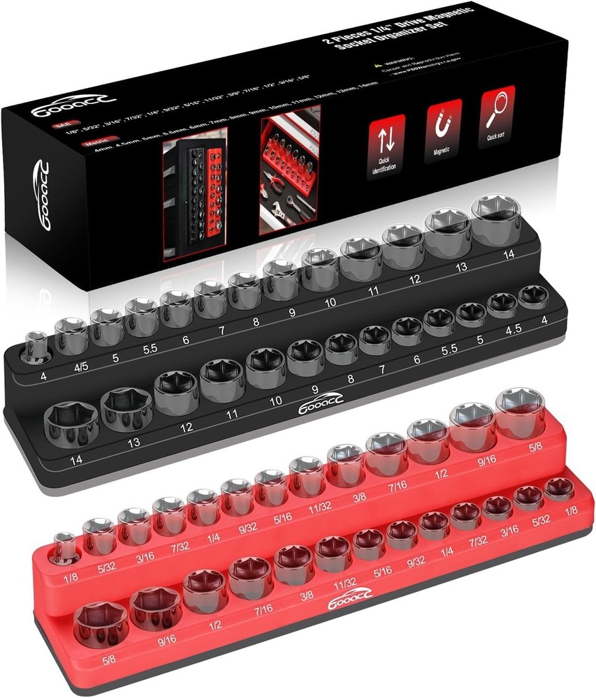 1/4" Magnetic Socket Organizer, 2 Pieces Socket Holder Metric SAE Socket Tray...