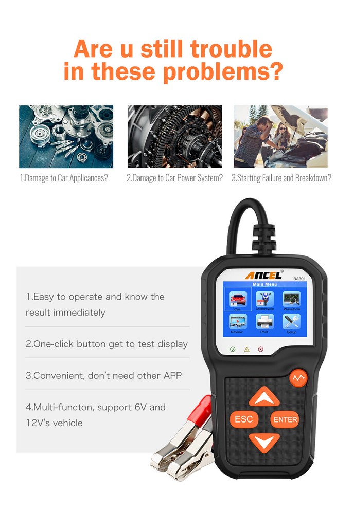 ANCEL BA301 Battery Tester 6/12V Battery Analyzer 100-2000 CCA Cranking Charging