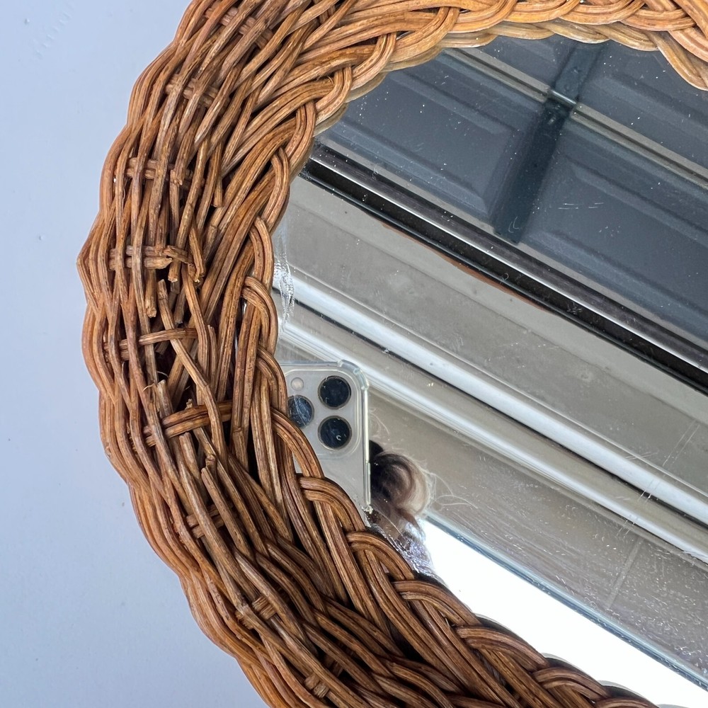 Wicker Hand Woven Boho Handheld Hanging Loop Vanity/Bathroom Mirror Vintage 1970
