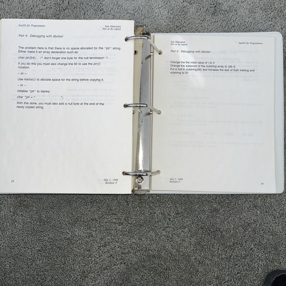 VTG 1989 SUN Microsystems SunOS Education Course For Programmers, Student Guide