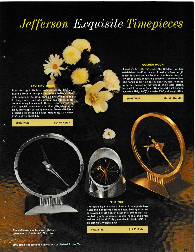 JEFFERSON EXQUISITE TIMEPIECES CLOCK INTERMEZZO INTEGER Self-Regulating 1960 ads