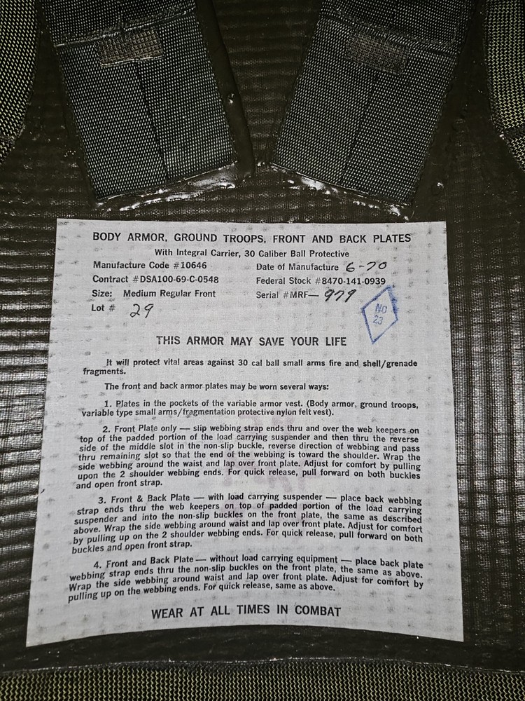 Vietnam War Variable Body Armor w/ inserts Med Regular
