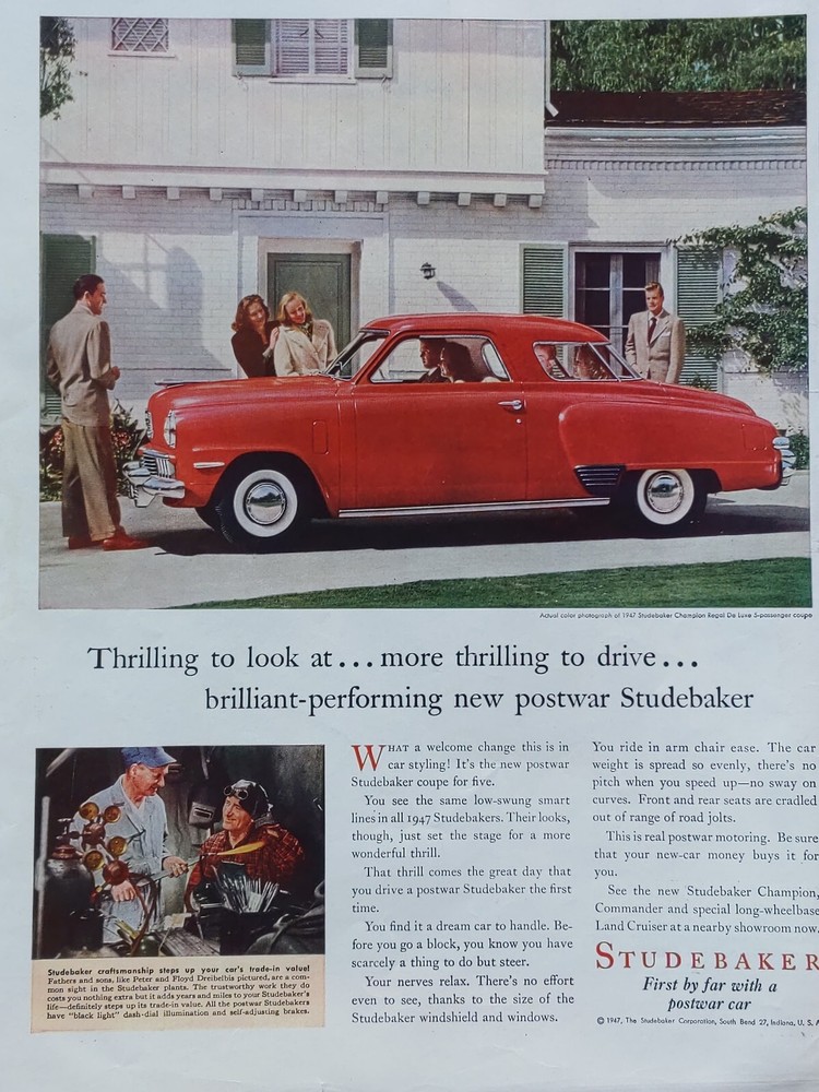 1947 vintage Studebaker print ad. Brilliant performing new post-war Studebaker