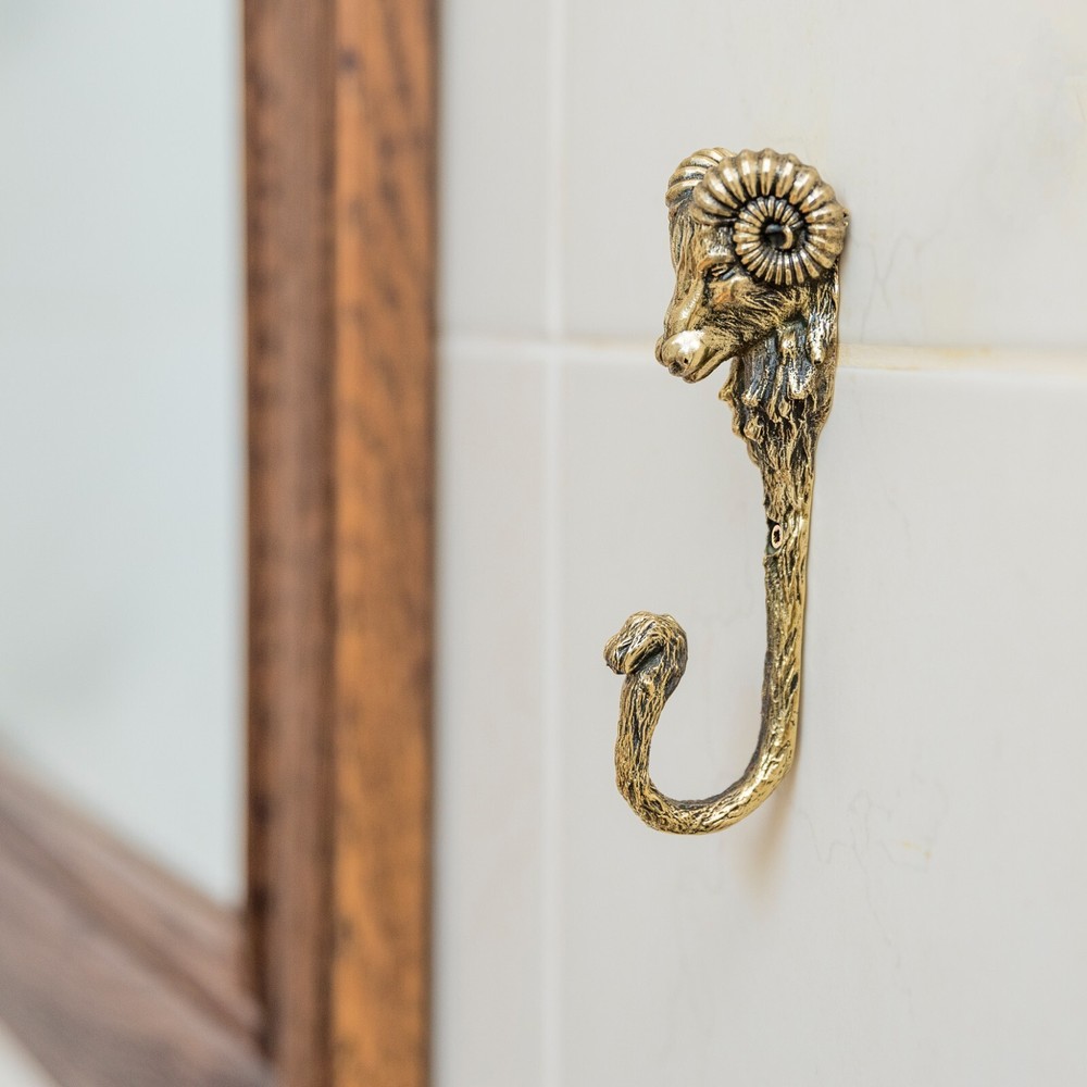 Aries Ram Head Decorative Hook, Wall Mounted Brass Ram Head Hook.