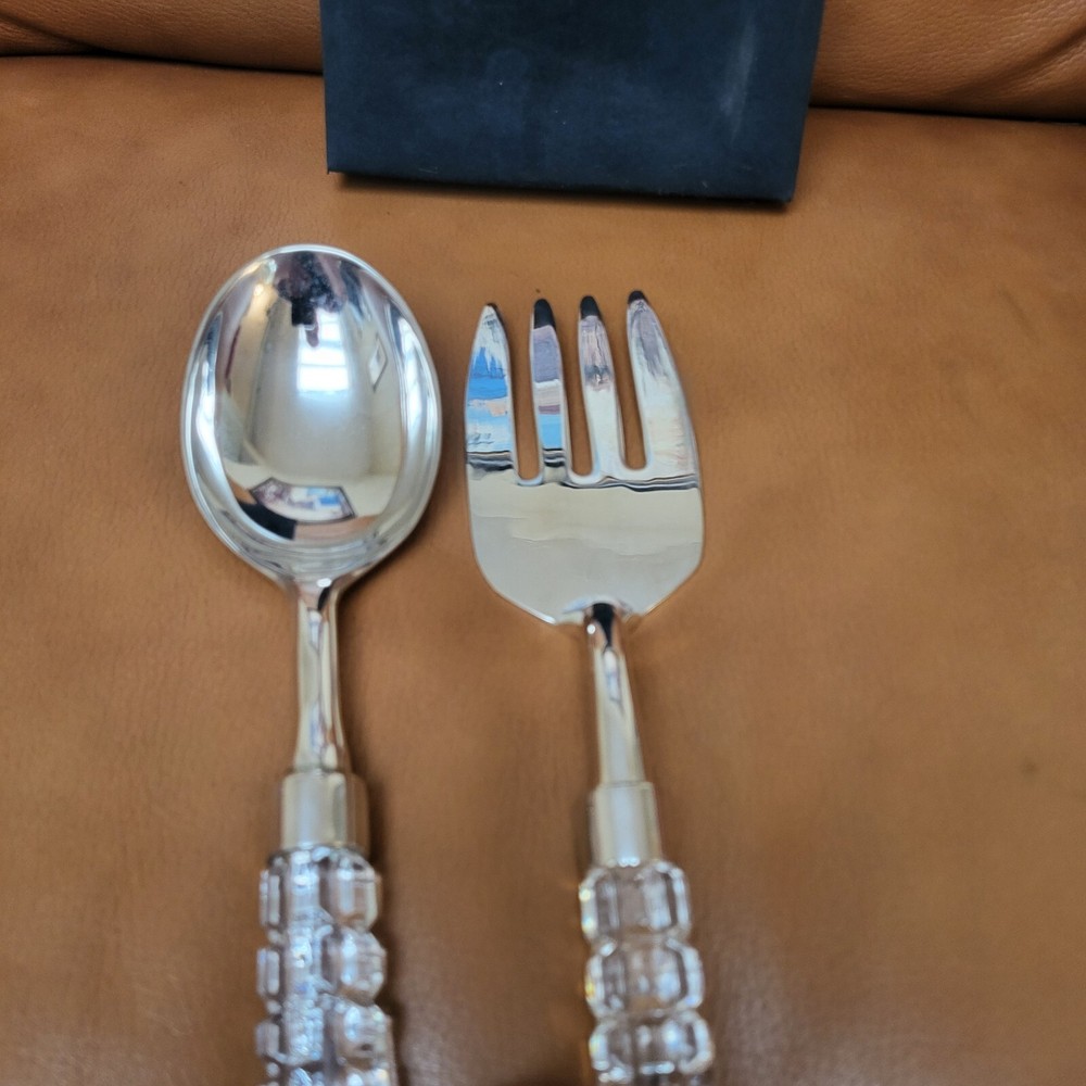 Nordstrom Silver Lead Crystal Handle Salad Serving Set with Spoon & Fork In Case