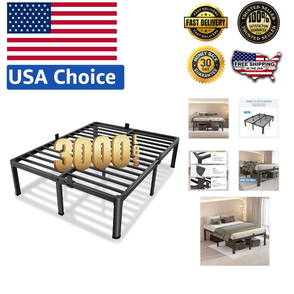 Sturdy 14-inch King Metal Bed Frame with Rounded Corners & No Box Spring Needed