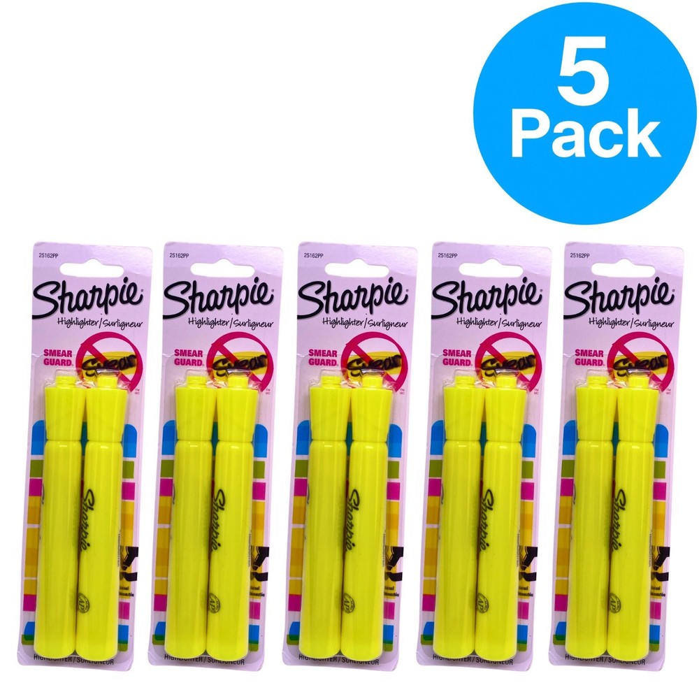 Sharpie Accent Highlighters Chisel Tip Fluorescent Yellow Smear Guard 5 Pack