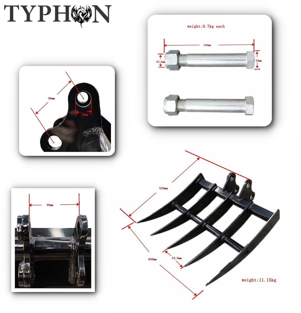 Mini Excavator Attachment TYPHON Rake for Grading, Leveling, Loosening, Removing