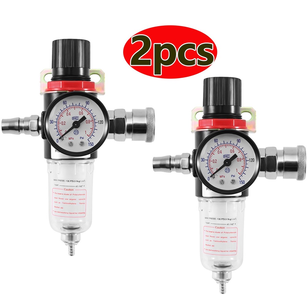 2pcs 1/4" Air Compressor Filter Regulator Water Pressure Moisture Trap Separator