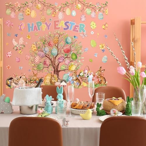 2 Pcs Large Easter Eggs Tree Wall Decals 44 x 32 Happy Rabbit Easter Bunny