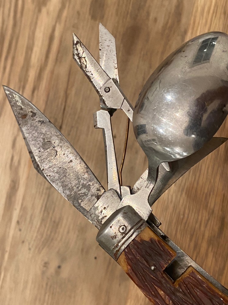 VINTAGE MULTI-BLADE SCOUT CAMP SURVIVAL TOOLS POCKET KNIFE WITH BONE HANDLE 12”