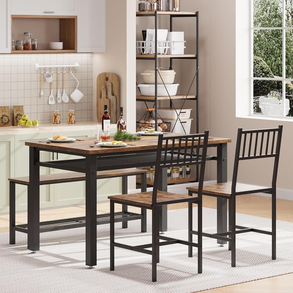 Modern 4-Piece Farmhouse Dining Set - Table, 2 Chairs, Bench & Storage Rack