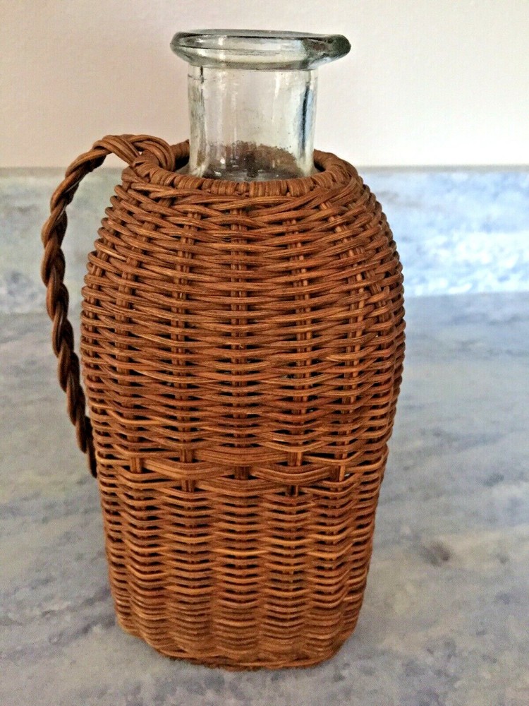 Antique Wicker Covered Square Spouted Bottle Unusual