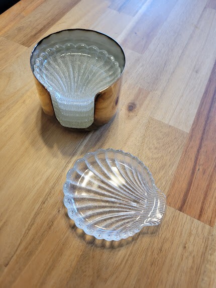 5 Rogers Silver Clamshell Shell Shaped Glass Coasters Set & Silver Plated Holder