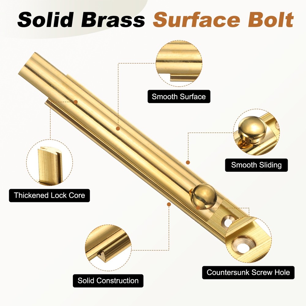 4" Solid Brass Surface Bolt, Polished Slide Latch Door Lock, Brass Tone