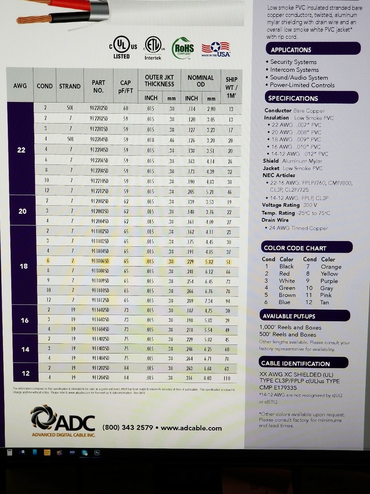 Advanced Digital 911806SD 18/6C Str Shielded Plenum Security/Alarm Cable /50ft