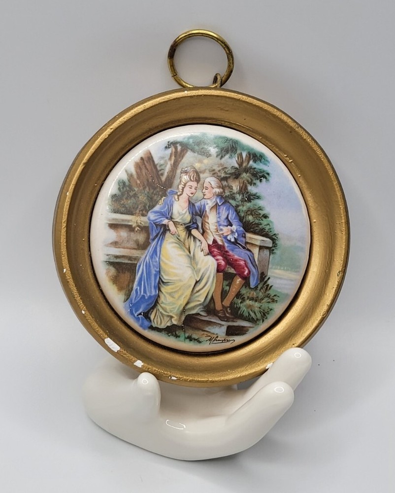 Victorian Hand Painted Courting Scene Tile • Chalkware Frame Wall Plaque •Signed