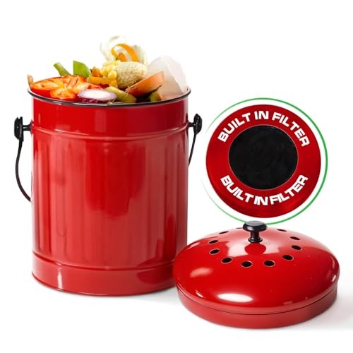 Countertop Compost Bin Kitchen with Lid 1.5 Gallon Odorless Compost Red