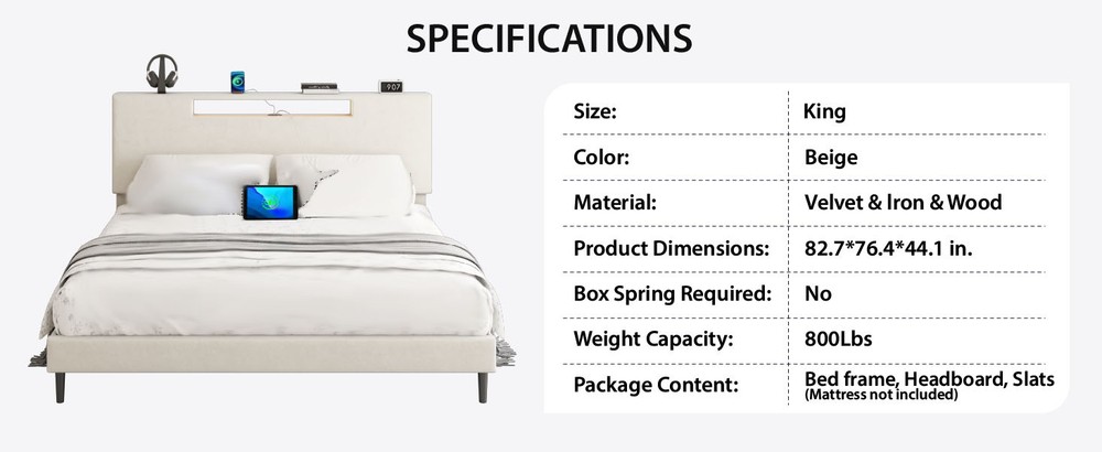 Upholstered Platform Bed Large Size Frame With LED Light And Charging Function