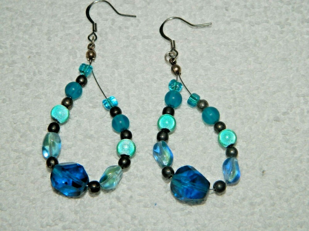 Multi-tone Blue Bead Dangling Drop Loop Pierced Earrings