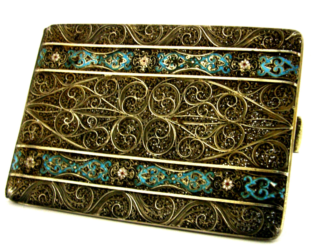 STUNNING SPANISH SOLID SILVER GILT ENAMEL FILIGREE CHEROOT / CARD CASE c1920