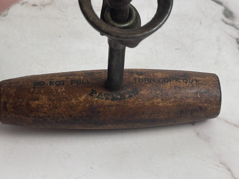 Antique T-Handle Corkscrew Wood Handle “Do Not Pull Turn Cork Out”