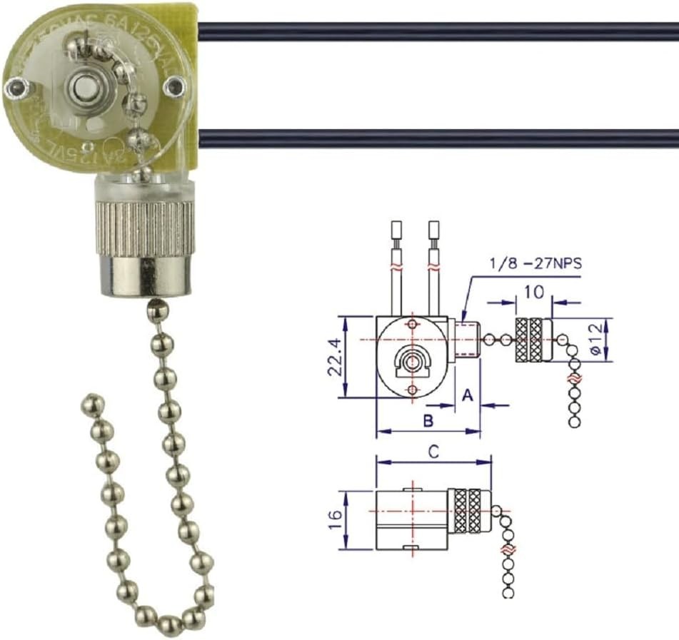 Silver Ceiling Fan Light Pull Chain Switch On-Off 2-Wire Certified