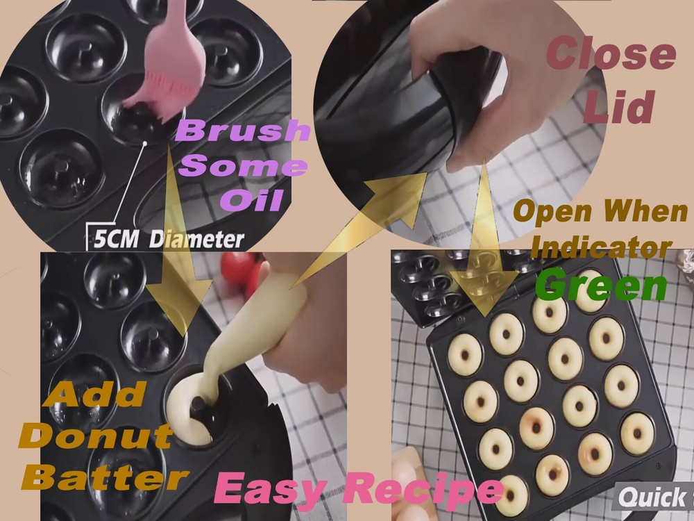 1400W Mini Donut Maker Machine Kitchen Baking for Breakfast, Snacks, Desserts