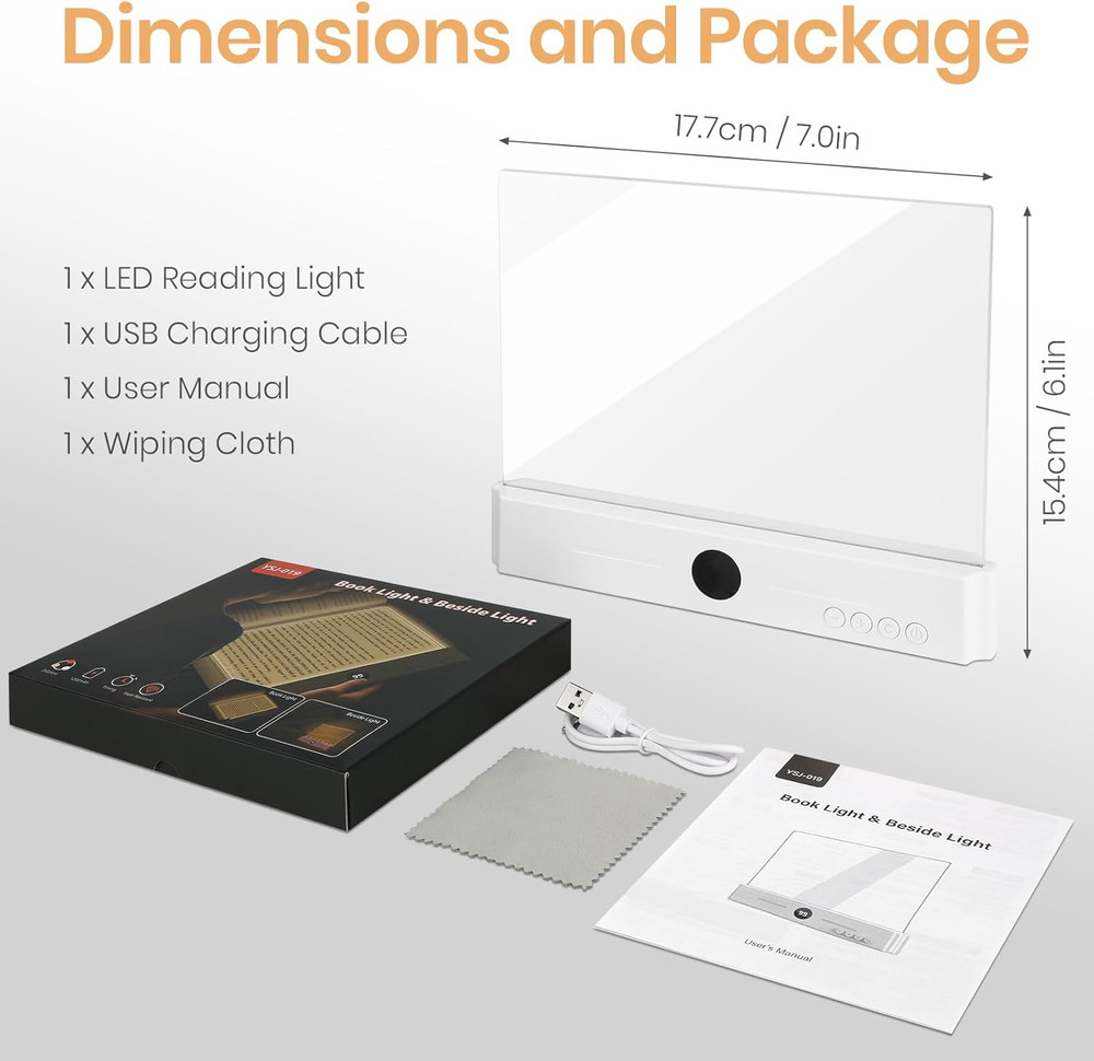 Flat Book Light, Rechargeable Clear LED Smart Reading Light with 3 Colors & Time