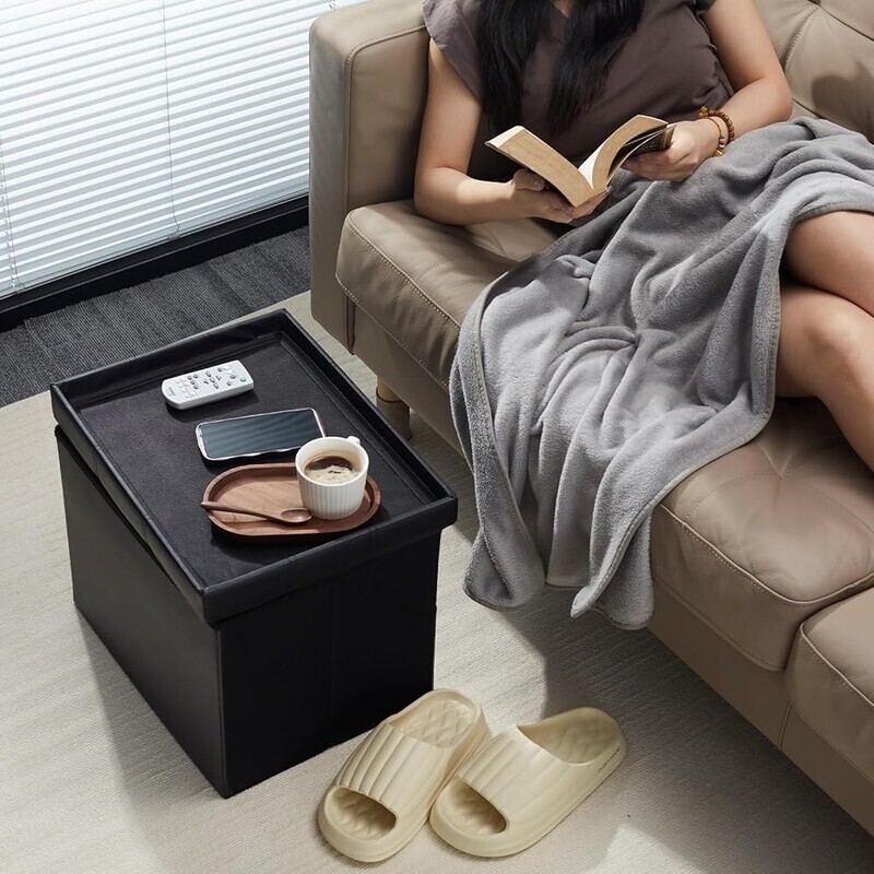 Folding Storage Ottoman Footrest Leather Bench Compact Foot Stool Organizer New