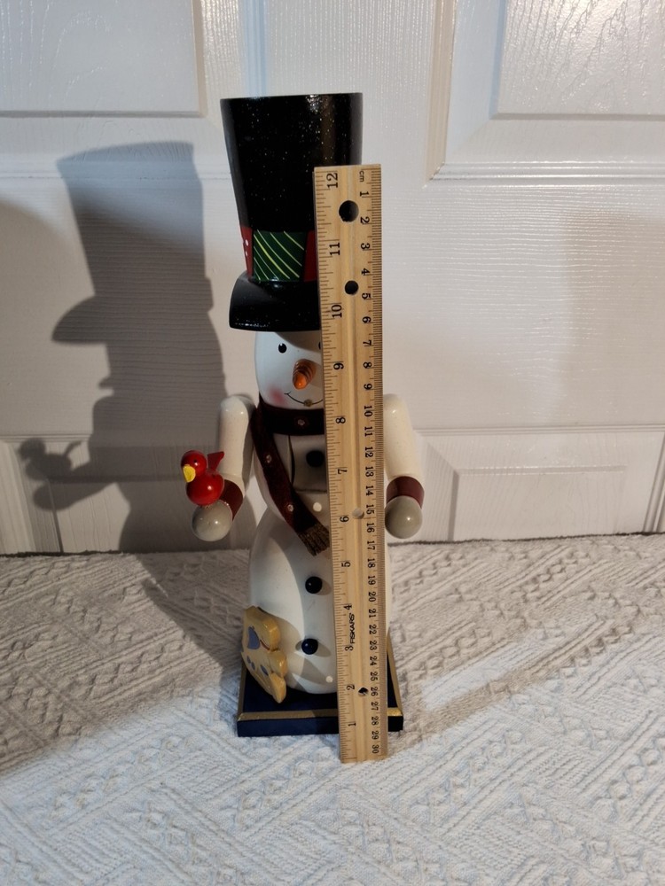 Snowman Nutcracker Wood Holding Red Bird 13in